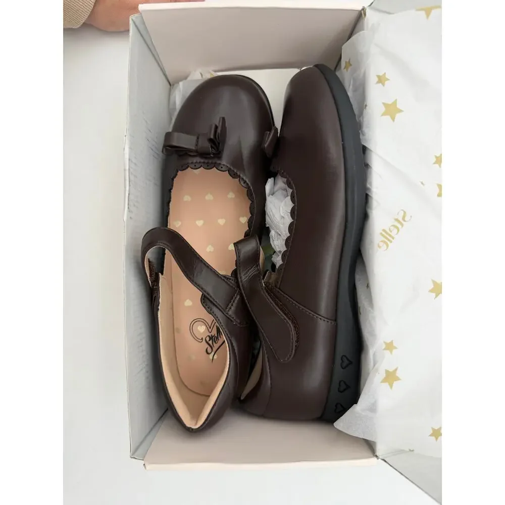 Stelle Girls Mary Jane Dress Shoes Brown Scalloped Bow Heart Heel Size 5 New - Picture 2 of 5